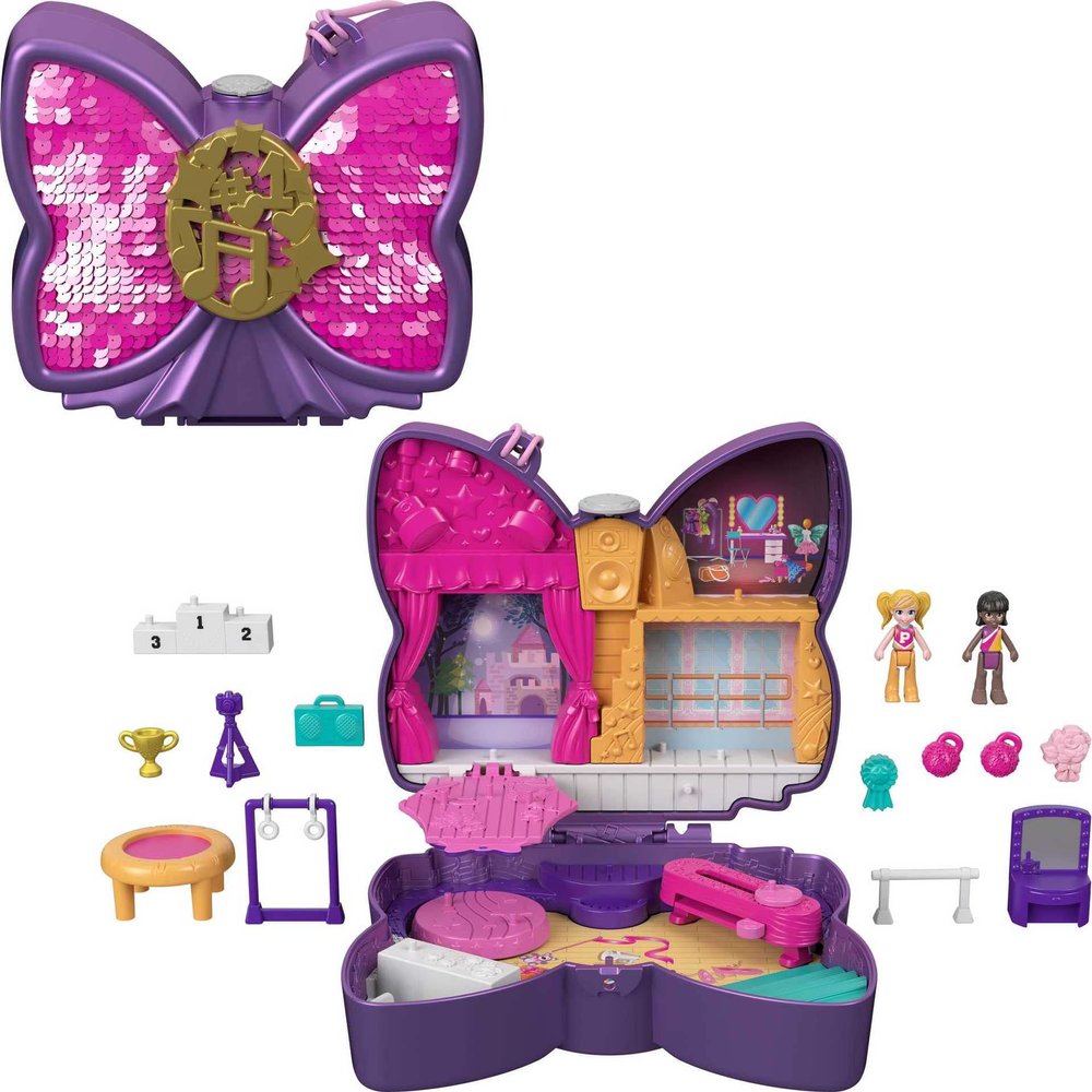 Polly Pocket Compact Playset, Sparkle Stage Bow with 2 Micro Dolls & Accessories, Travel Toys with Surprise Reveals