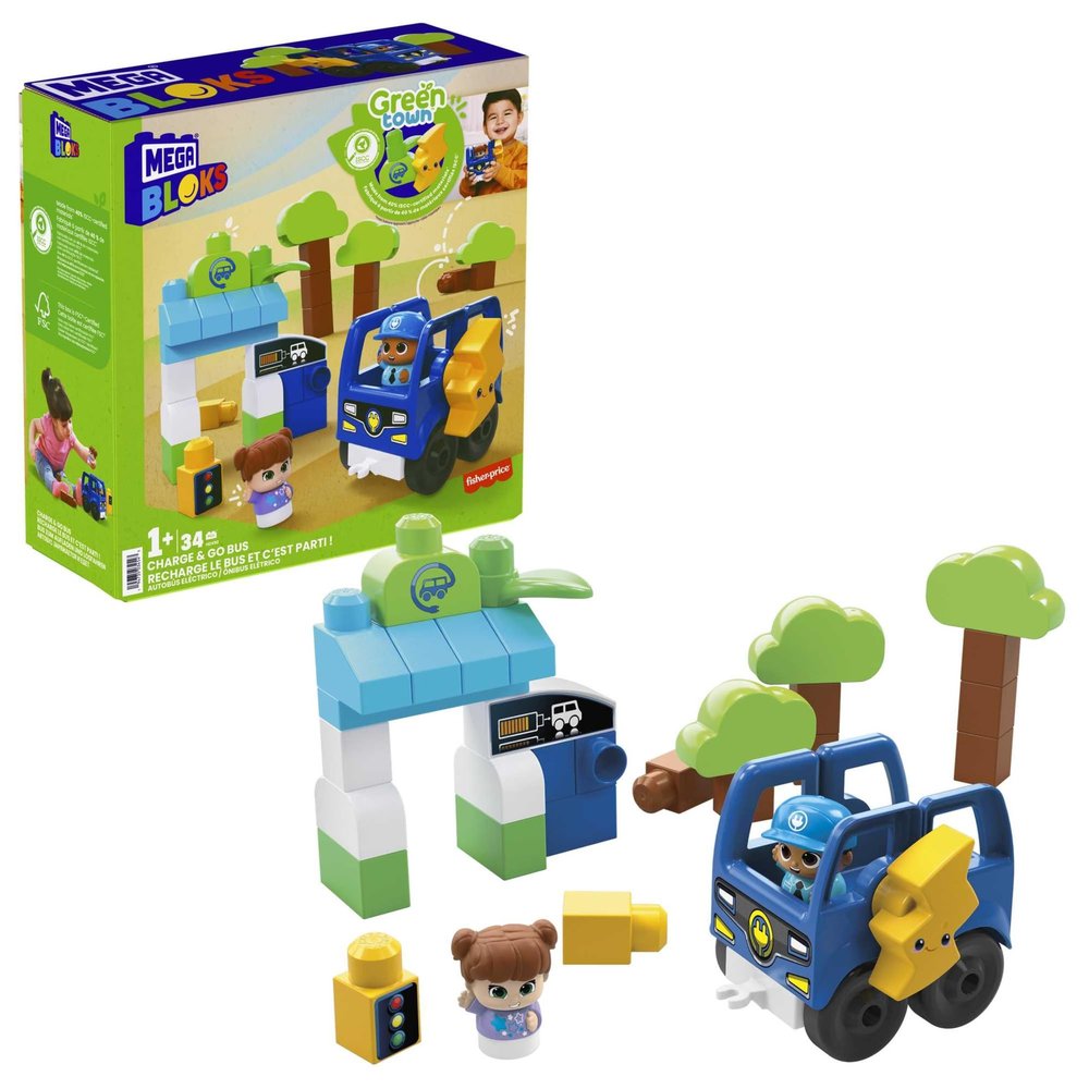 MEGA BLOKS Fisher-Price Toddler Building Blocks, Green Town Charge & Go Bus with 34 Pieces, 2 Figures, Kids Age 1+ Years