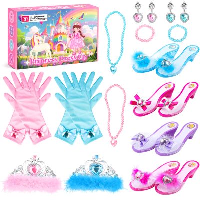 DISHIO Girls Princess Dress Up Shoes and Jewelry Boutique Upgraded Princess Shoes and Accessories with 4 Pair of Princess Play Shoes and Jewelry Set for Toddlers Little Girls Aged 3 4 5 6