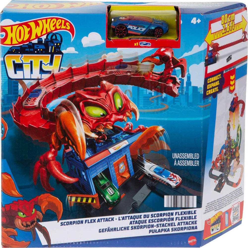 Hot Wheels Toy Car Track Set City Scorpion Flex Attack & 1:64 Scale Police Vehicle, Bendable Tail Extends 2.6 Ft., Connects to Other Sets