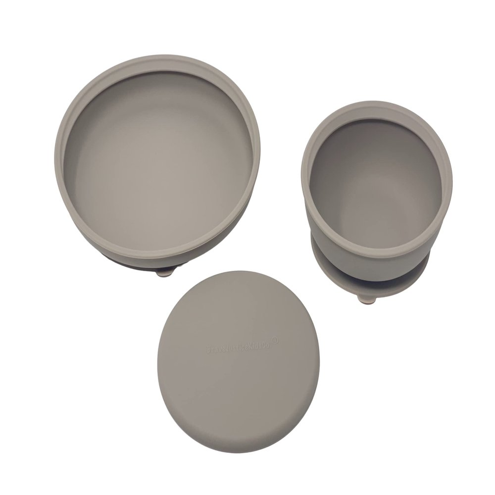 BraveJusticeKidsCo. | Silicone Assist Plate and Assist Bowl Combo Pack for Toddler and Baby | Baby-Led Feeding (Fog)