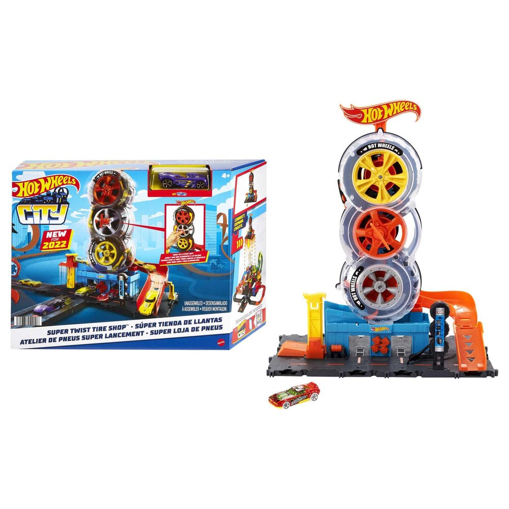 Hot Wheels City Super Twist Tire Shop Playset, Spin The Key to Make Cars Travel Through The Tires, Includes 1 Car, Gift for Kids 4 to 8 Years Old (Amazon Exclusive)