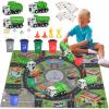 Y.L. DOYMX Toy Garbage Truck - Trash Truck Toys w/Play Mat, 4 Pcs 6 Inch Friction Powered Small Garbage Truck Toy, 8 Signposts, 4 Trash Bins with 108 pcs Trash Cards for Boys Age 3+ Toddlers Kids Gift view 1