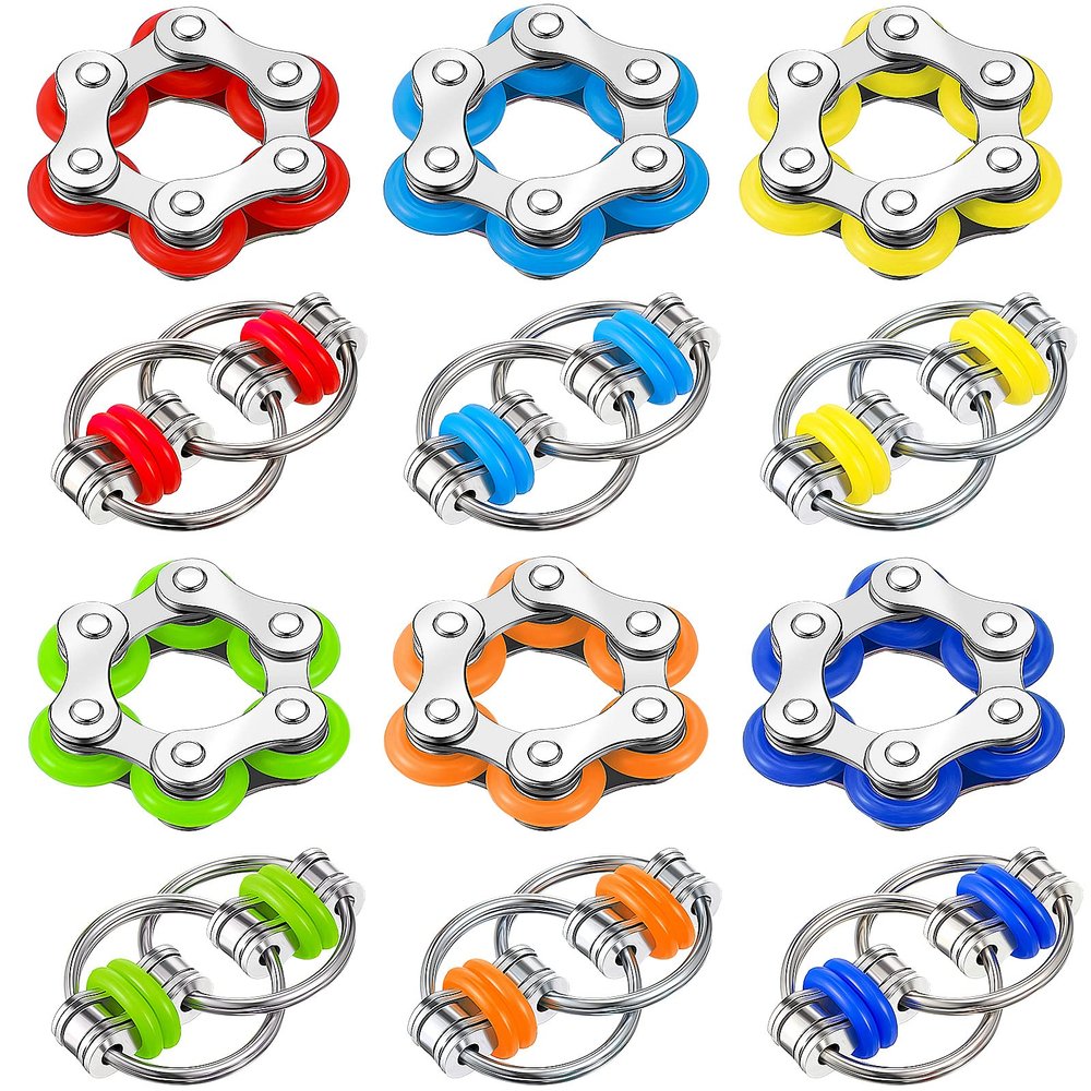 12 Pieces Fidget Toy Pack Flippy Chain Fidget Toy Six Roller Chain Fidgets and Flippy Chain Stress Relief Bike Chain Toys for Teens Adults Autism Anxiety Relief (Multiple Colors)