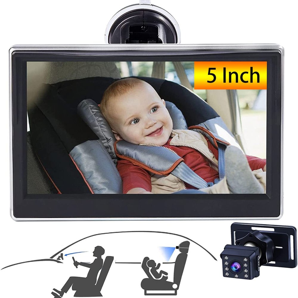 Baby Car Camera HD 5 Inch Monitor Car Mirror Infant Rear Facing Full View Clear Night Vision