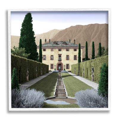 Stupell Industries Classic European Villa Courtyard Cliffside Mansion Architecture, Designed by Alan Blaustein White Framed Wall Art, 17 x 17, Brown