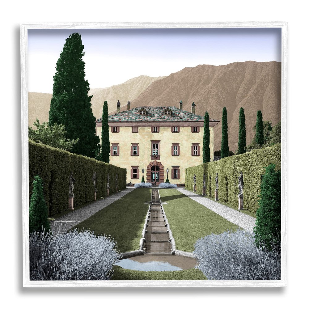 Stupell Industries Classic European Villa Courtyard Cliffside Mansion Architecture, Designed by Alan Blaustein White Framed Wall Art, 17 x 17, Brown