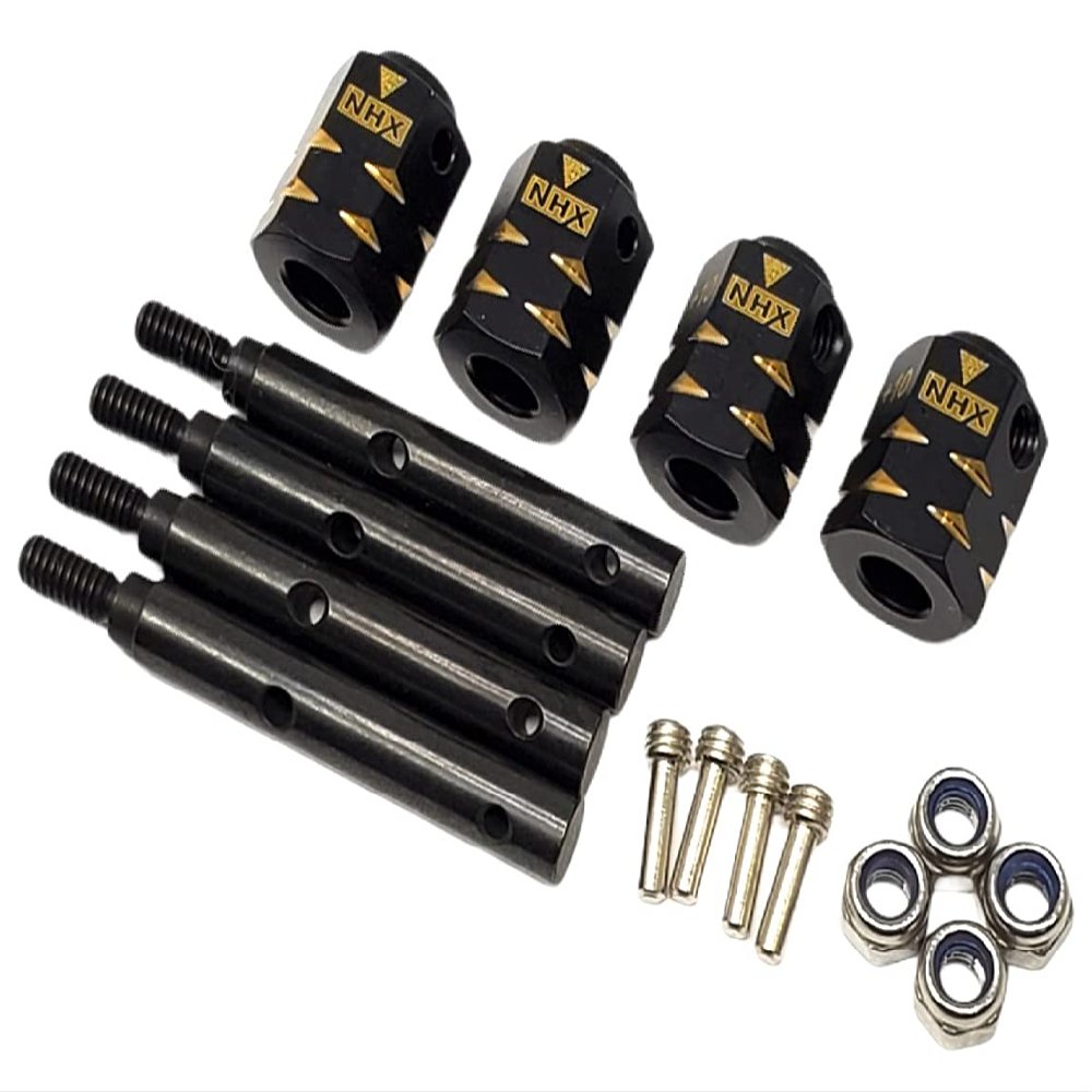 NHX RC Brass Wheel Hex Adaptor +10mm Extensions w/Axles - 4Pcs/Set Black