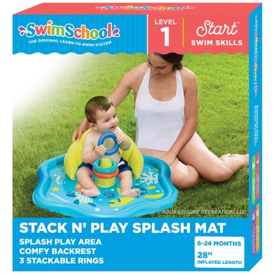 SwimSchool Baby Splash Play Mat Inflatable Play Pool for Babies & Infants with Backrest Includes Baby Water Toy Rings Seafoam Blue Lemon