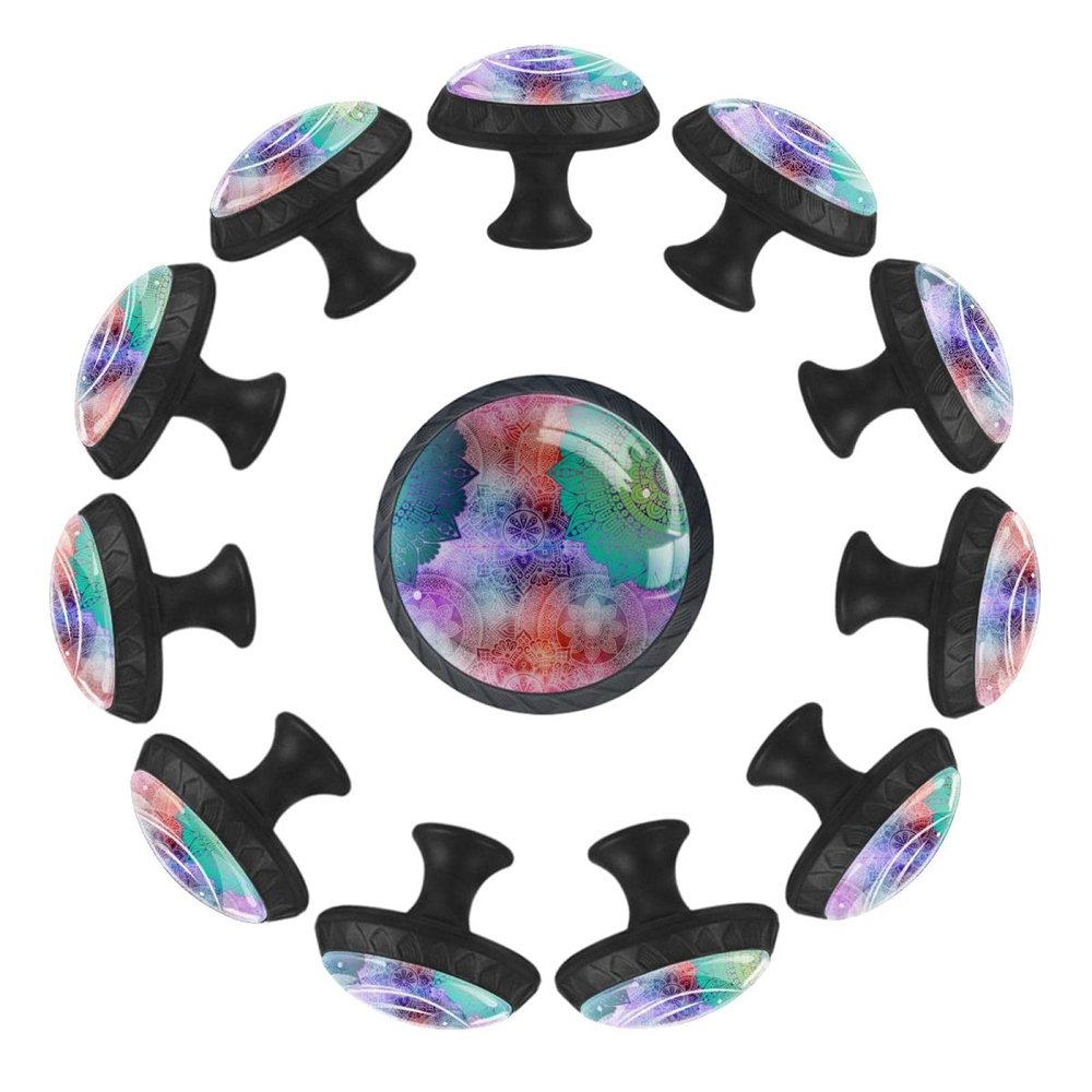 12 Pieces Mandala Bohemia Indian Style Colorful Glass Knobs for Dresser Drawers, 1.37 x 1.10 in Round Kitchen Cabinet Pulls for Home Office Nursery Kids Room