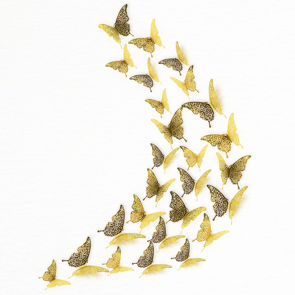 WALPLUS 78 Pcs Gold Floral 3D Butterfly Wall Decals Removable DIY Home Decorations Art Decor Wall Stickers Murals Nursery Baby Bedroom TV Background Living Room