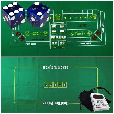 Cyber-Deals Craps & Texas Hold'em Poker Essentials Set: 2-Sided 6ft x 3ft Felt Layout, Las Vegas Casino Table-Played Dice & Cards, Plus Storage Pouch (Red Rock (Blue Polished))