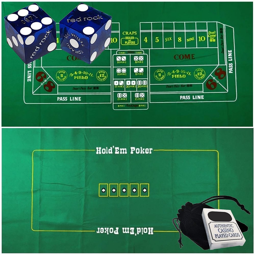 Cyber-Deals Craps & Texas Hold'em Poker Essentials Set: 2-Sided 6ft x 3ft Felt Layout, Las Vegas Casino Table-Played Dice & Cards, Plus Storage Pouch (Red Rock (Blue Polished))