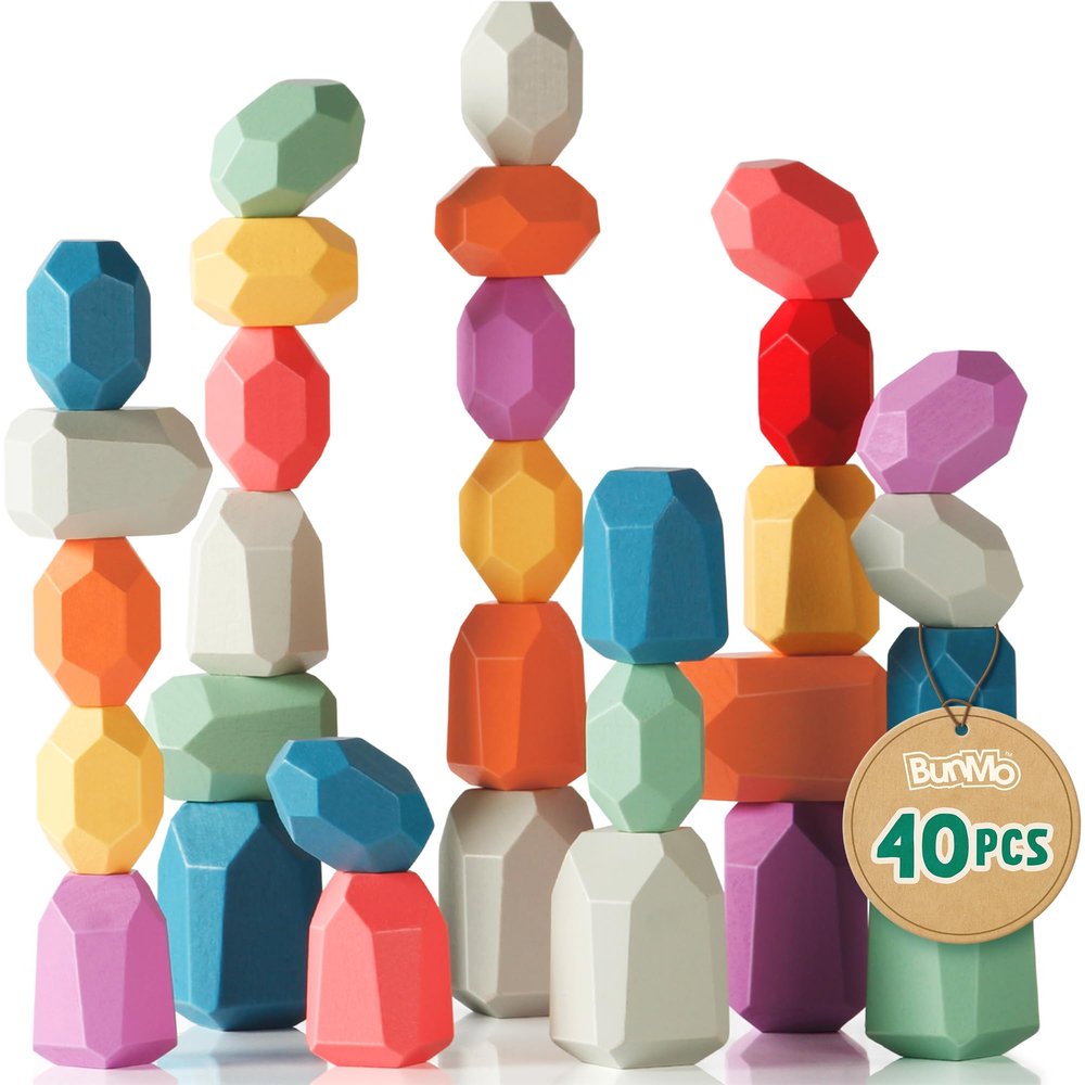 BUNMO 40pcs Wooden Stacking Toys - Montessori Educational Blocks for Toddlers, Non-Toxic, Safe, and Durable for Kids Creative Play and Learning