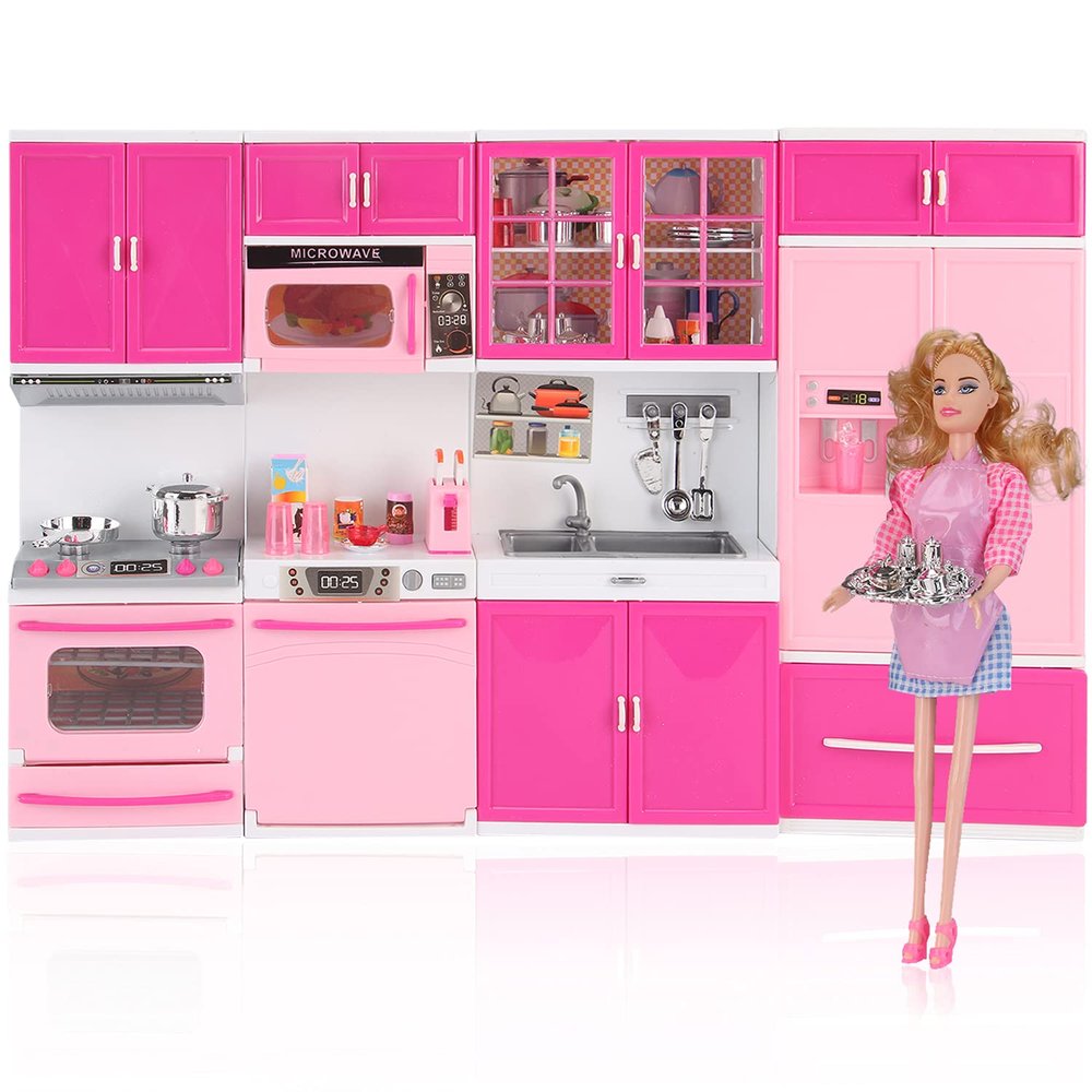 Doll Kitchen Playset for Kids, My Modern Mini Kitchen House Furniture Pretend Play Toy Accessories Set with Realistic Lights & Sounds for Toddlers, Girls (4-in-1 w/Doll)