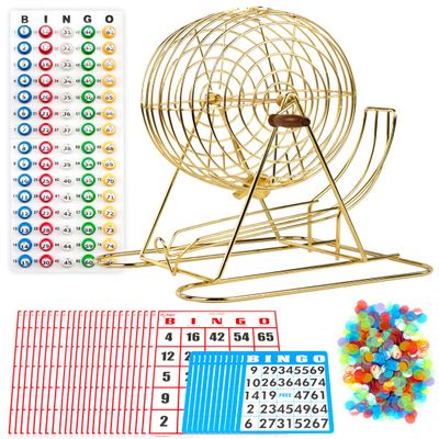 Regal Bingo Professional Bingo Game Set with 11" Wheel Cage, 75 Bingo Balls, Master Board, 18 Bingo Cards & 25 Jumbo Reusable Cards, and Colorful Chips - Bingo Games for Adults Large Group - Gold