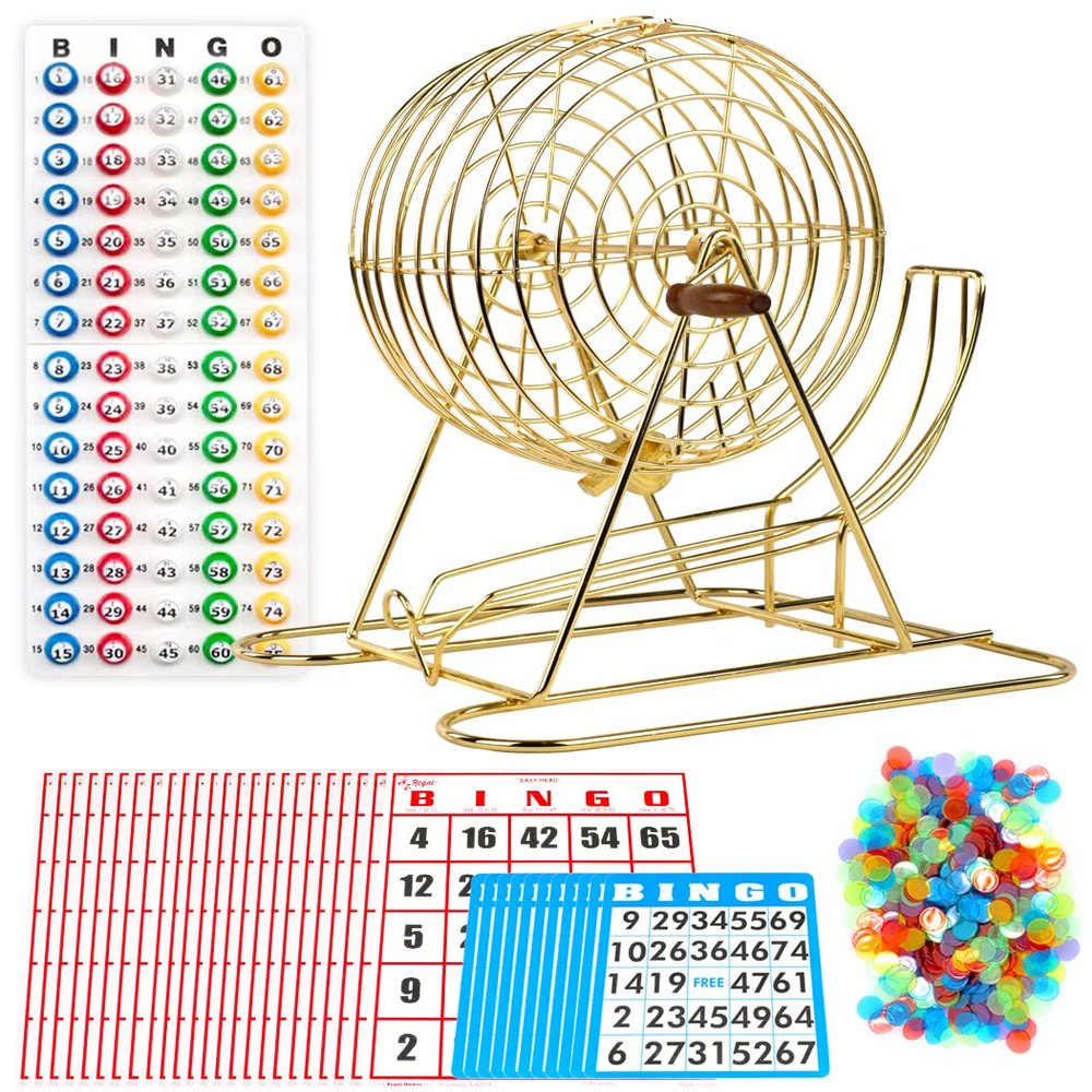 Regal Bingo Professional Bingo Game Set with 11" Wheel Cage, 75 Bingo Balls, Master Board, 18 Bingo Cards & 25 Jumbo Reusable Cards, and Colorful Chips - Bingo Games for Adults Large Group - Gold