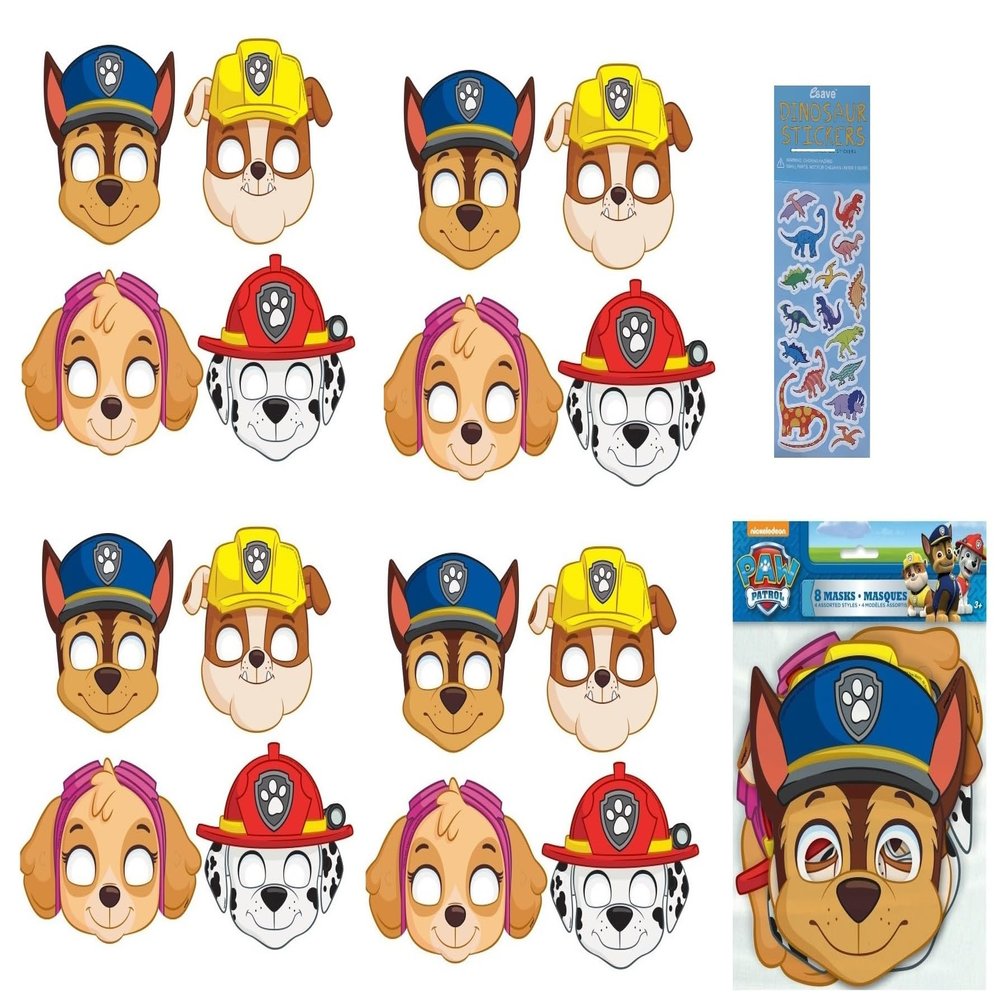 Unique Paw Patrol Birthday Party Supplies Decoration Bundle Includes 16 Kid's Party PaperMasks and 1 Dinosaur Sticker Sheet