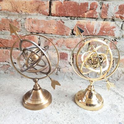 2 Piece Nautical Brown Antique Golden Polish Size 12Inch Brass Armillary Nautical Sphere Vintage World Globe