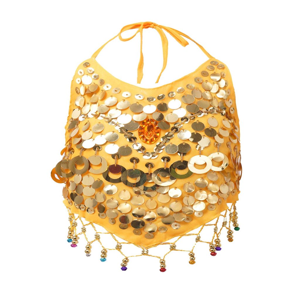 Agoky Little Girls Belly Dance Crop Tops Shiny Sequins Halter Sleeveless Tops Halloween Fancy Party Costume Yellow One Size