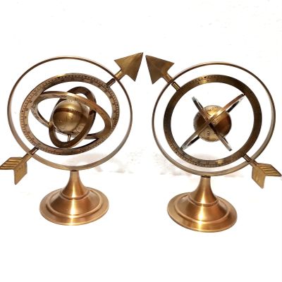 2 Piece Brown Antique Globe Armillary Globe Showpiece, Brass Armillary Sphere Decor, Nautical Brass Decor 8 Inch Approx.