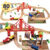TOY Life Wooden Train Set 80pcs with Magnetic Crane, Wooden Train Tracks Toys for Toddlers Boys Girls 3 4 5, 3 Year Old Boy Gift, Wood Toys Toddler Train for Kids 4-8 - Fits Thomas Brio Chuggington view 1