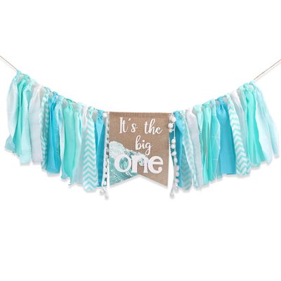 Big One Highchair Banner for 1st Birthday - Blue Banner for Baby Boys, Beach and Pool Party Decorations for Kids, Cake Smash Photo Props