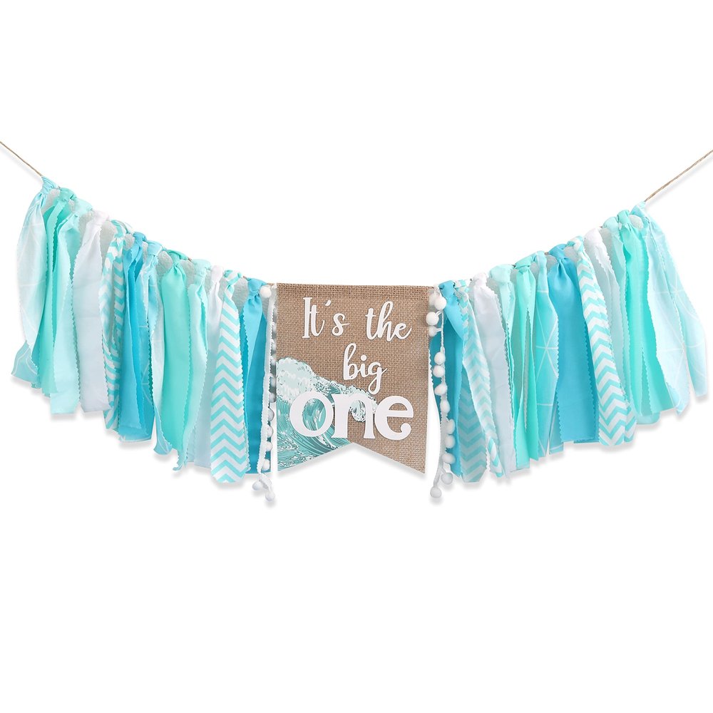 Big One Highchair Banner for 1st Birthday - Blue Banner for Baby Boys, Beach and Pool Party Decorations for Kids, Cake Smash Photo Props