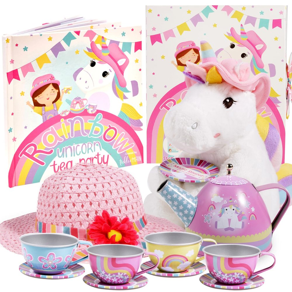 Tickle & Main Plush Tea Party Set Unicorn - 8-Piece, Rainbow - Kids Tea Set with Rainbow Teapot & Cups, Party Hat, Storybook & Unicorn Plush