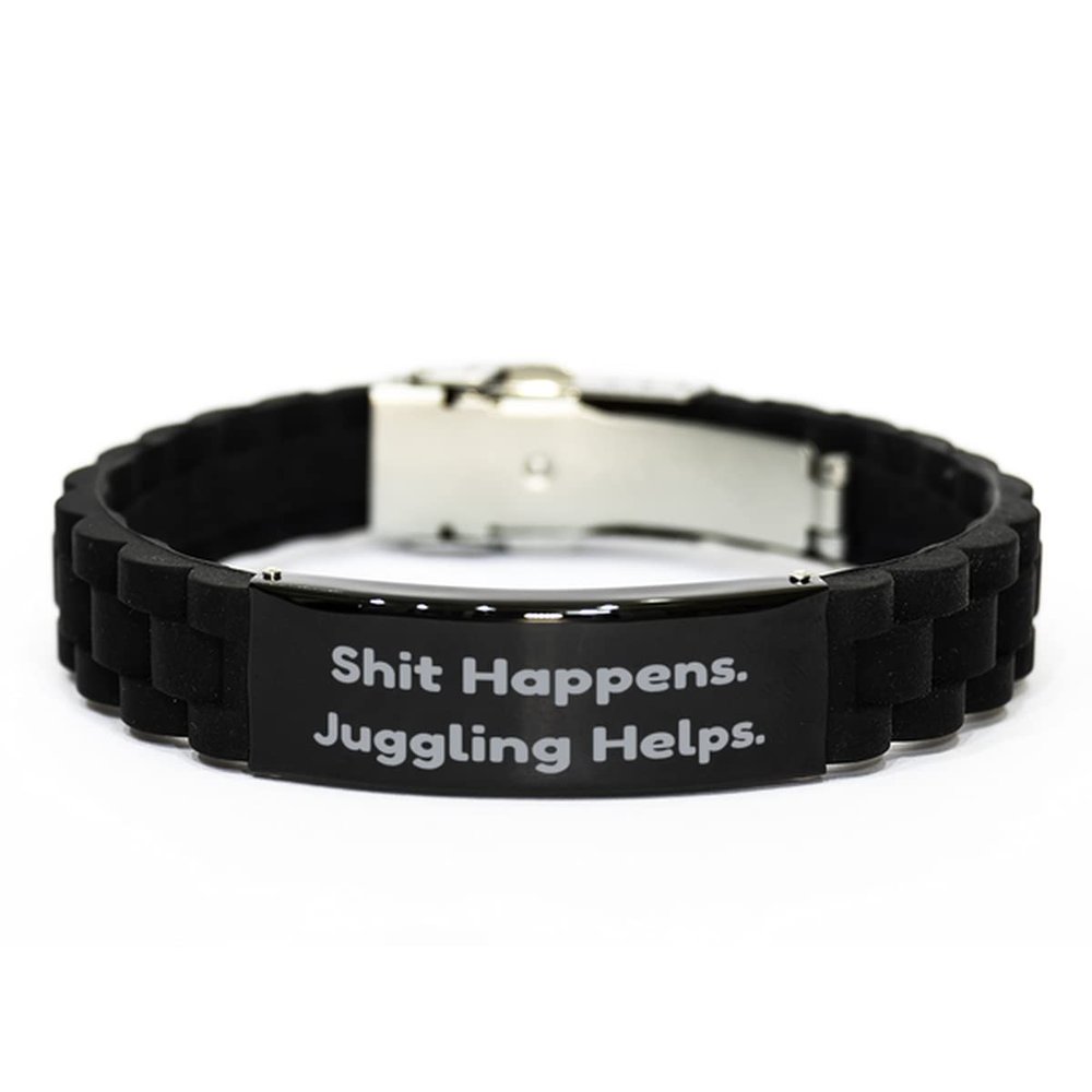 Inspirational Juggling Gifts, Shit Happens. Juggling Helps, Juggling Black Glidelock Clasp Bracelet from