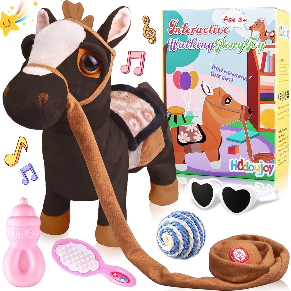 HCdoujoy Black Walking Pony Plush Interactive Pony Toy Singing Dancing Musical Realistic Pony, Stuffed Shaking Leash Horse Toy Head Buttocks Toy for Boys Girls Birthday Christmas Thanksgiving Gift