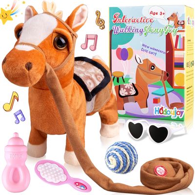 HCdoujoy Brown Walking Pony for Kids Plush Interactive Singing Dancing Musical Realistic Pet, Stuffed Animal Shaking Leash Horse Head Buttocks Toy for Boys Girls or Toddlers