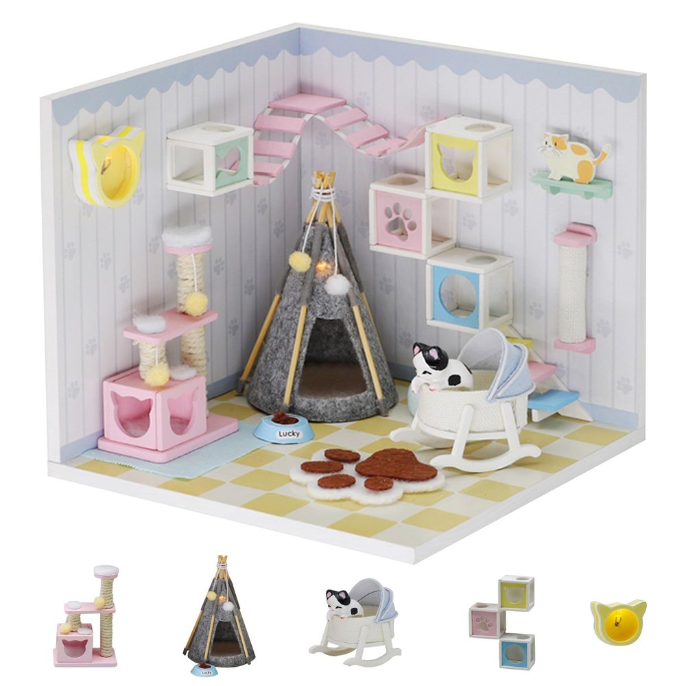Kisoy Dollhouse Miniature with Furniture Kit, DIY 3D Wooden DIY House Kit A Corner of a Small Apartment Style with Dust Cover & LED,Handmade Tiny House Toys for Kids Adults Gift (Pet Room)