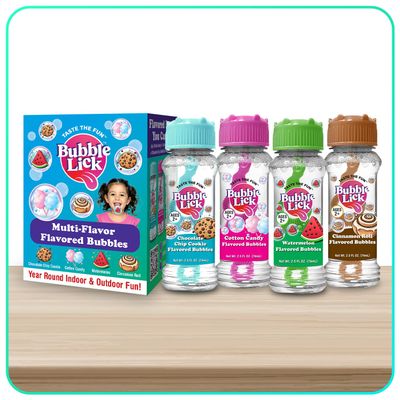 Bubble Lick Variety Flavored Bubbles 4 Pack Cinnamon Roll Watermelon Cookie Cotton Candy USA Made