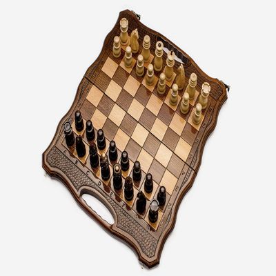 Chess Set with Engraved Crowns - 3 in 1 Chess, Backgammon, Checkers - Handmade High Detail Wooden Game