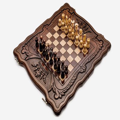 Chess Set with Engraved Crowns - 3 in 1 Chess, Backgammon, Checkers - Handmade High Detail Wooden Game