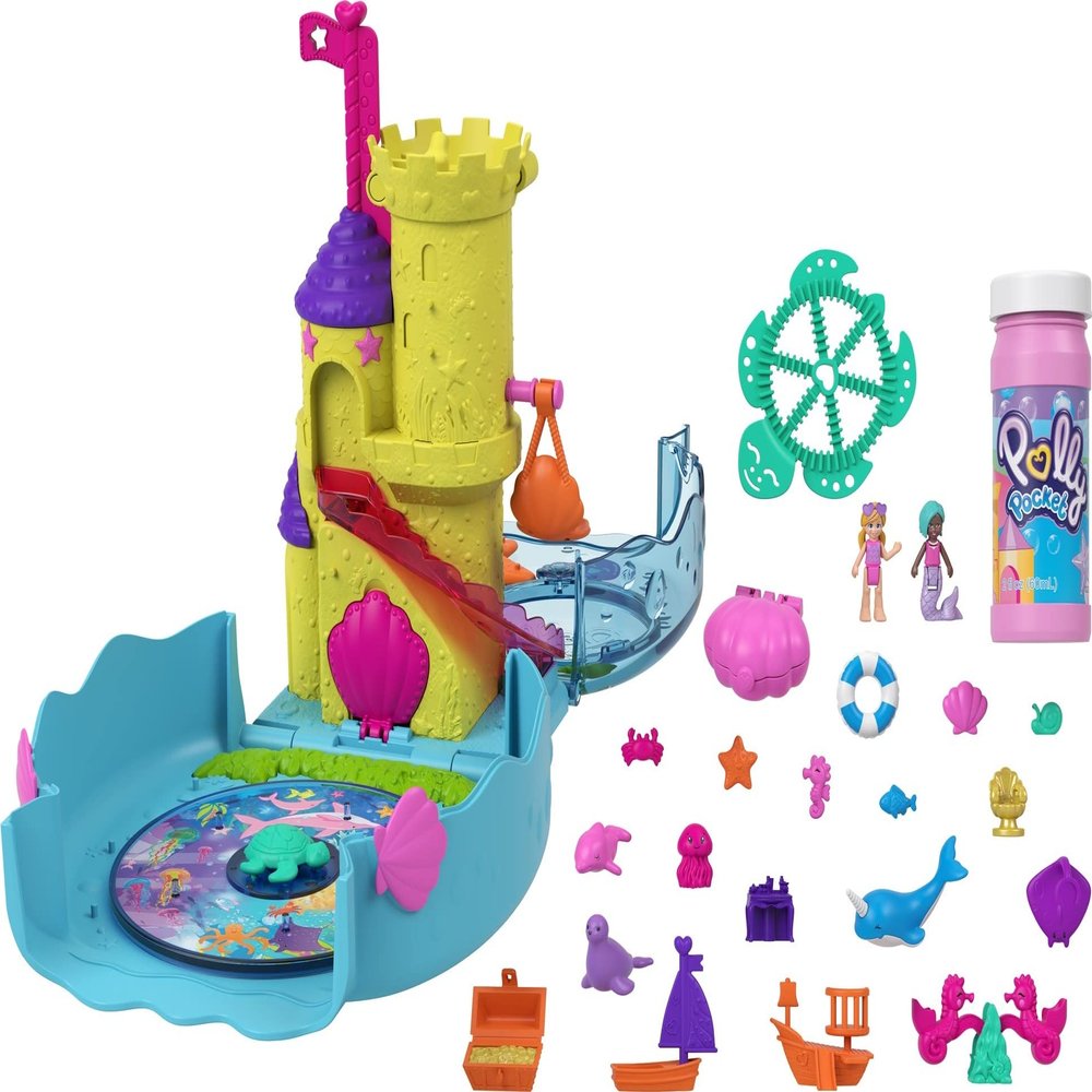 Polly Pocket Aquarium with Underwater Theme, 2 Bubble-Making Features, Pool, Micro Polly & Mermaid Doll, Bubble Solution & 18 Accessories, Pop & Swap Feature, Great for Ages 4 Years Old & Up