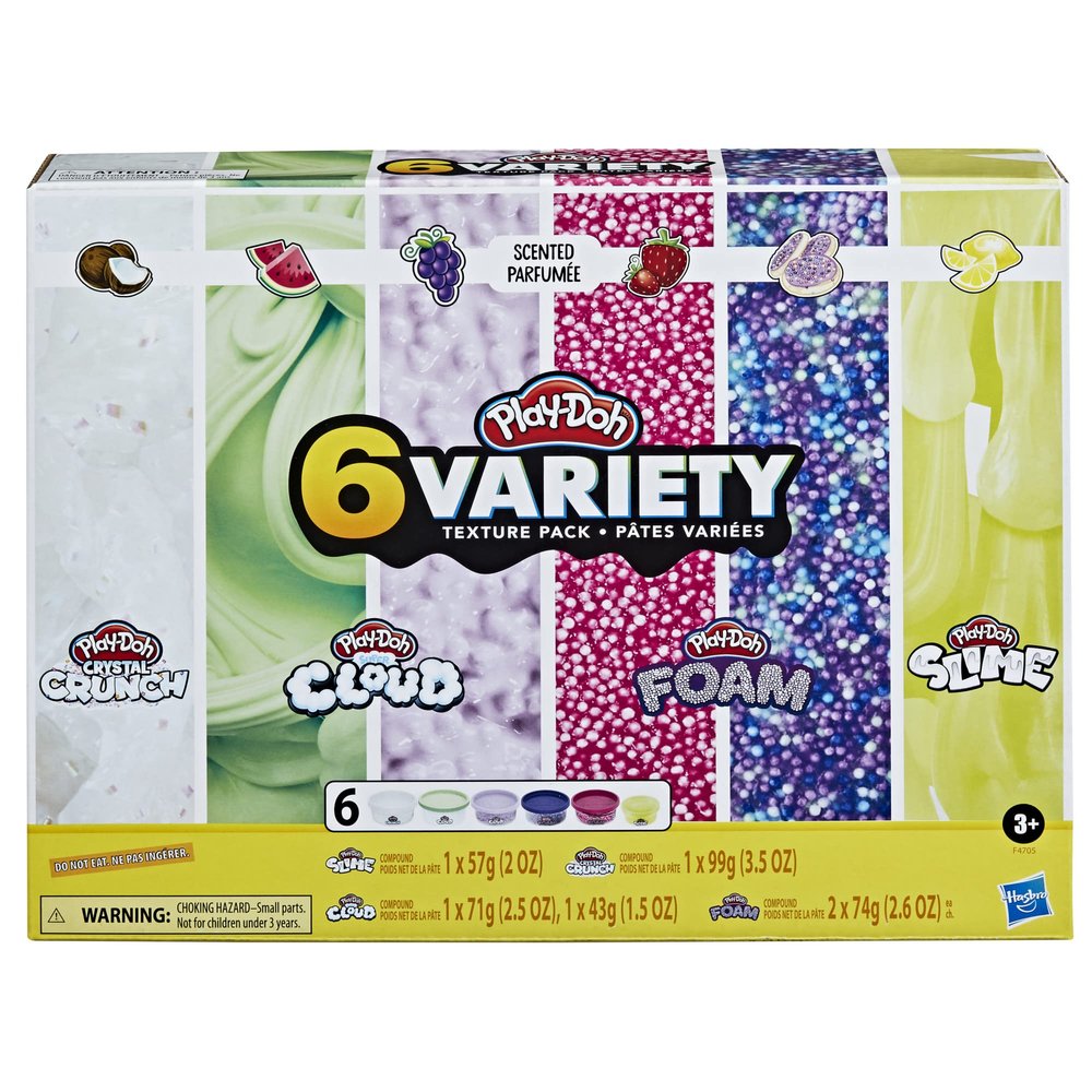 Play-Doh Slime, Crystal Crunch, Super Cloud, and Foam Scented 6 Variety Texture Pack, Tactile Toy for Kids 3 Years and Up, Non-Toxic Multicolored