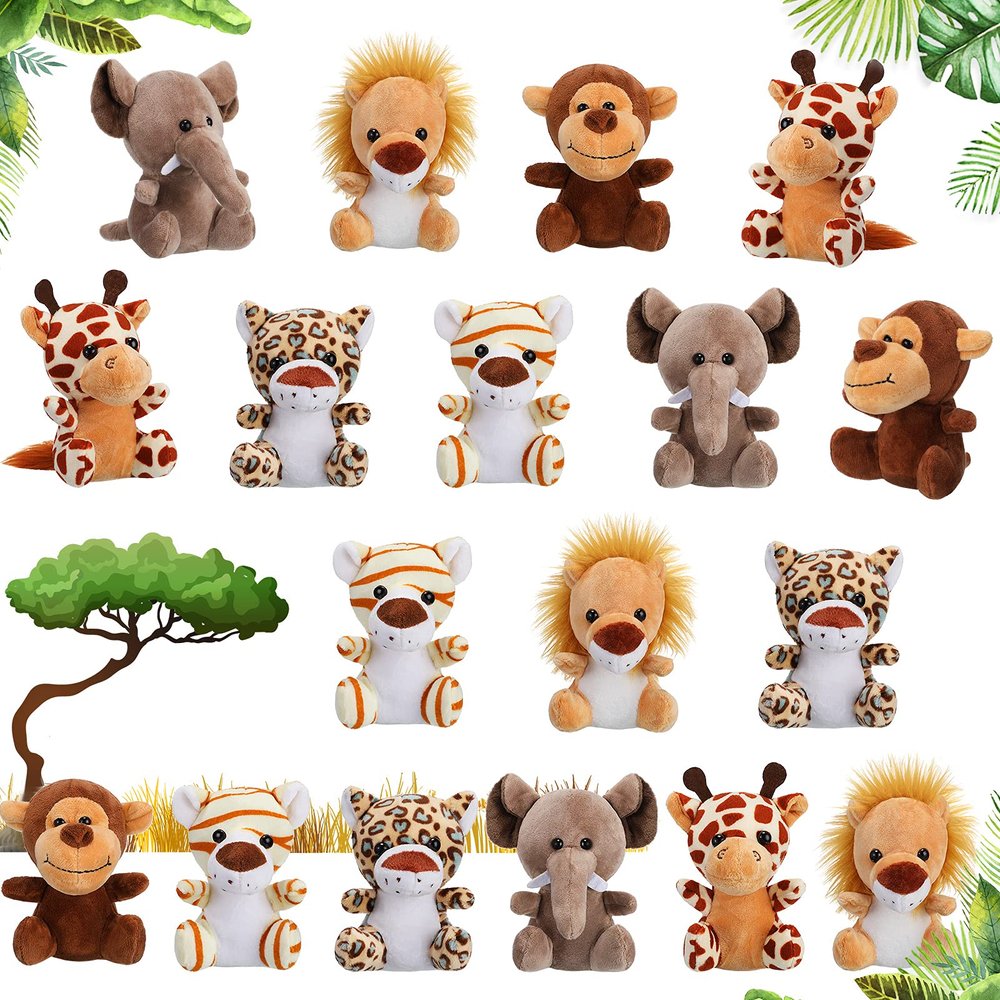 18 Pieces Small Safari Stuffed Animals 4.8 Inch Mini Jungle Animal Plush Toys Cute Zoo Stuffed Small Plush Set for Safari Themed Baby Shower Birthday Party Favors Teacher Student Award(Delicate Style)