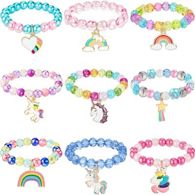 Hicarer 9 Pcs Unicorn Rainbow Bracelets Beaded Jewelry for Gala Party Accessories Valentine's Day Gift Bag Fillers Gift(Elegant Style)