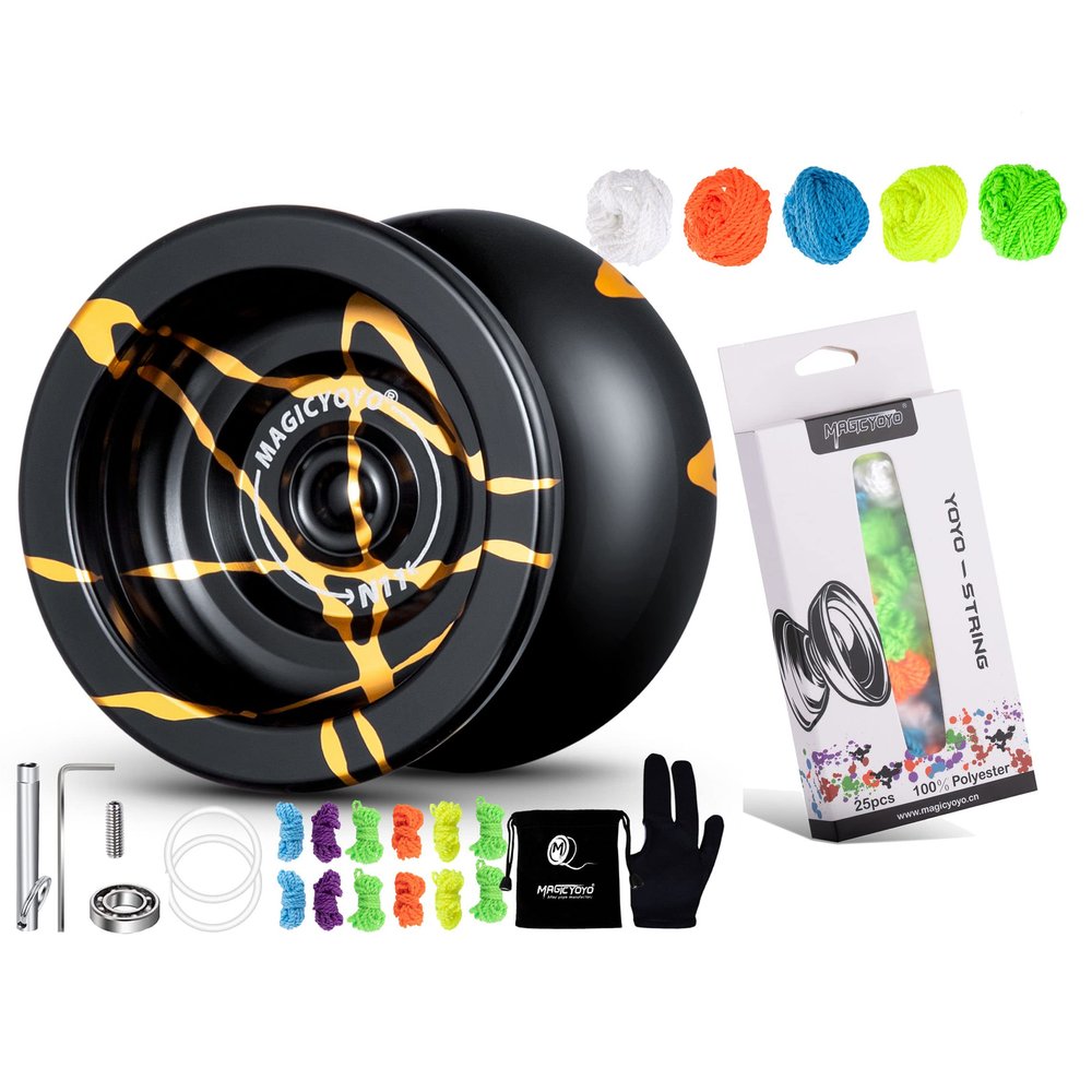 MAGICYOYO N11 Black Golden Unresponsive Yoyo Kit, Yoyo Glove, Bag, 12 Strings, 25 Replacement Strings