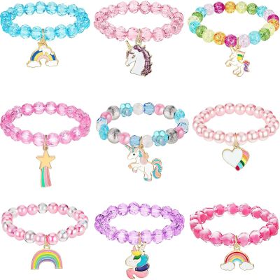 Hicarer 9 Pcs Unicorn Rainbow Bracelets Beaded Jewelry for Gala Party Accessories Valentine's Day Gift Bag Fillers Gift(Fresh Style)