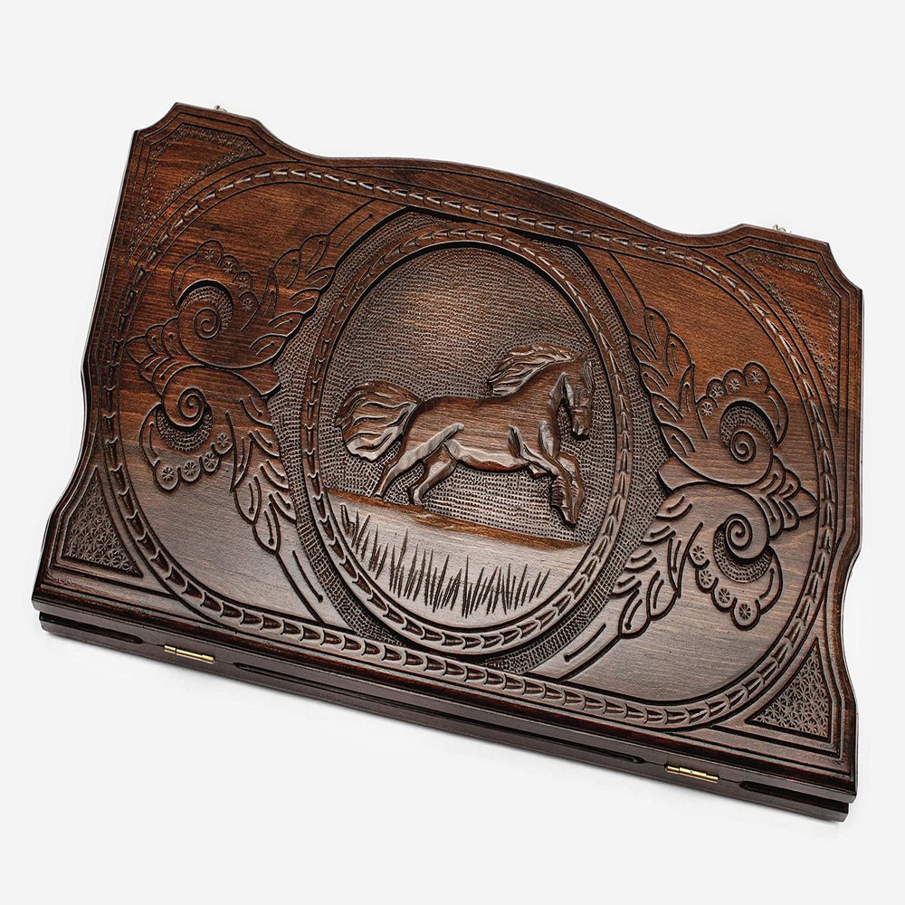 Backgammon Horse Engraved - 23.6 inch - Handmade Board Game - Personalized