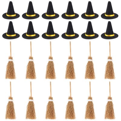 24 Pieces Halloween Mini Witch Hats Brooms Decoration Set Mini Felt Witch Hat Caps and Wizard Brooms Costume Accessories for DIY Crafts Halloween Party Favors
