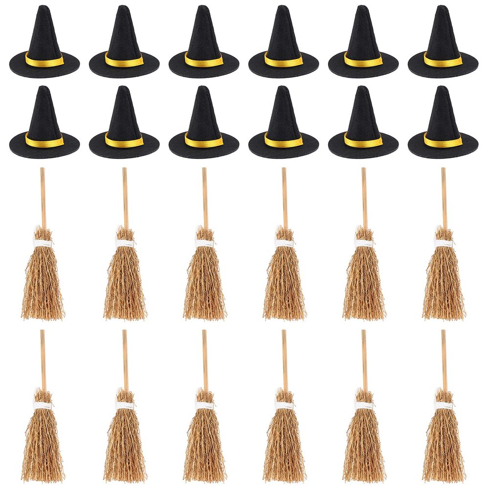 24 Pieces Halloween Mini Witch Hats Brooms Decoration Set Mini Felt Witch Hat Caps and Wizard Brooms Costume Accessories for DIY Crafts Halloween Party Favors