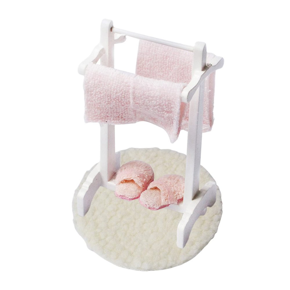 Cuteam Dollhouse Miniatures Furniture Accessories, Mini Bathroom High Simulation Decoration Wooden Towel Rack Floor Rug Model for Bathroom Scene - A