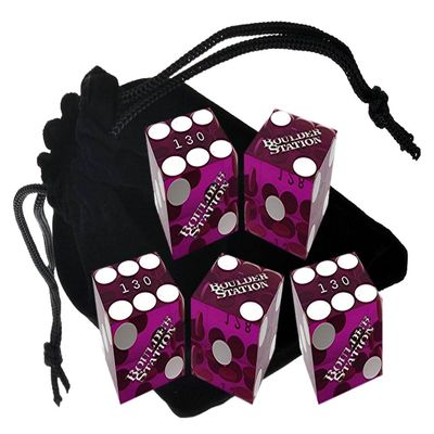 Set of 5 Authentic Las Vegas Casino Table-Played 19mm Craps Dice with Matching Serial Numbers - Boulder Station (Purple Polished)