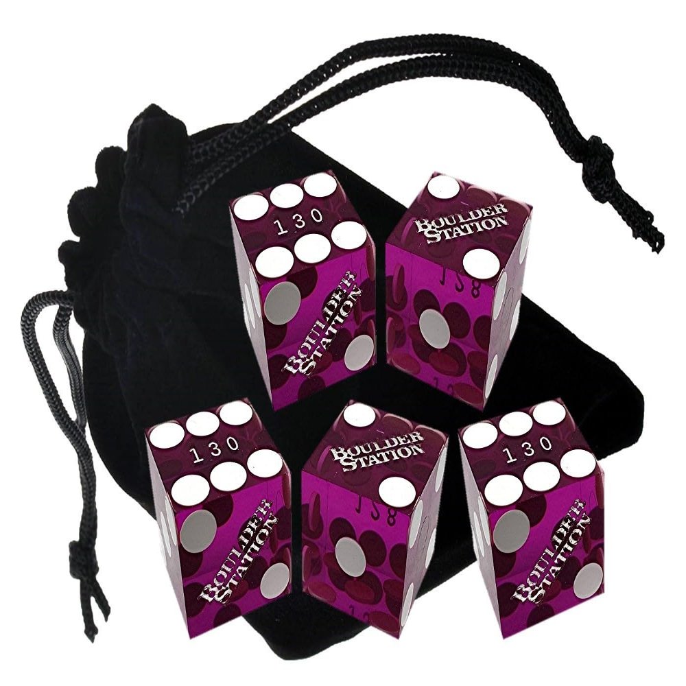 Set of 5 Authentic Las Vegas Casino Table-Played 19mm Craps Dice with Matching Serial Numbers - Boulder Station (Purple Polished)