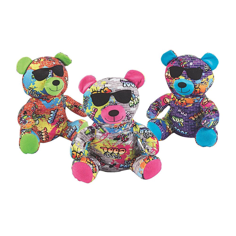 Fun Express 12" Medium Graffiti Stuffed Bears - Set of 3 | Vibrant, Soft Plush Bears for Kids, Party Favors, or Collectibles | Great Gift Idea