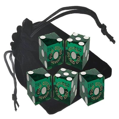 Set of 5 Authentic Las Vegas Casino Table-Played 19mm Craps Dice with Matching Serial Numbers - Four Queens (Green Polished)